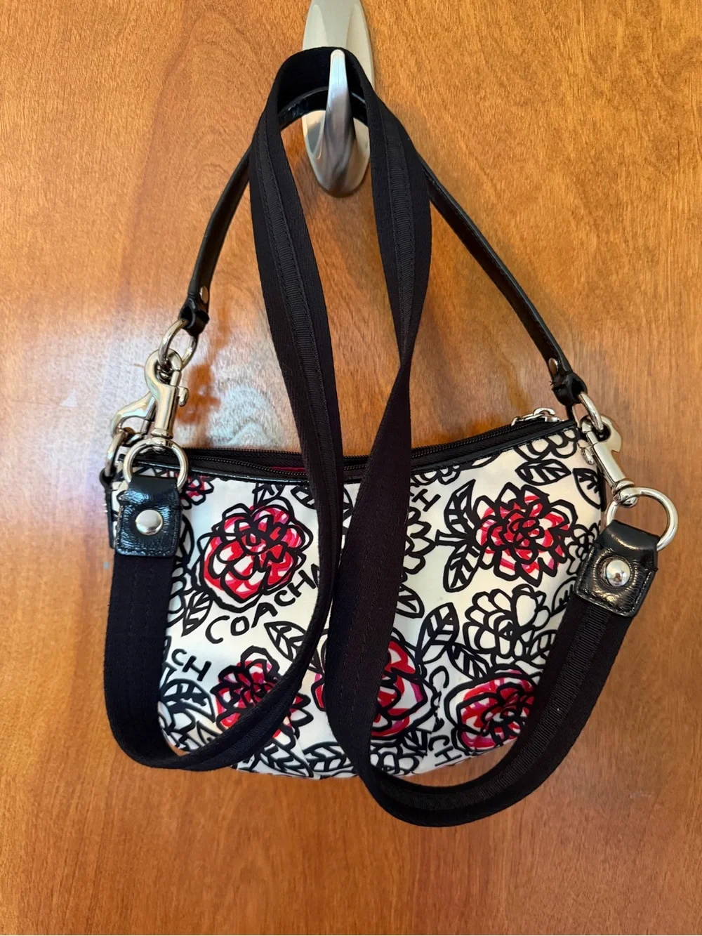COACH POPPY White Floral Shoulder Bag with Red and Black Accents